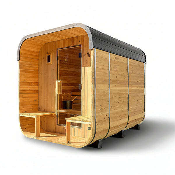 Backyard Discovery Lennon 4-6 Person Traditional Cedar Outdoor Cube Sauna with Porch, Electric Sauna Heater, Sauna Rocks, Dry Heat, Steam Sauna, LED Lights, Wi-Fi Control, Sauna Accessories
