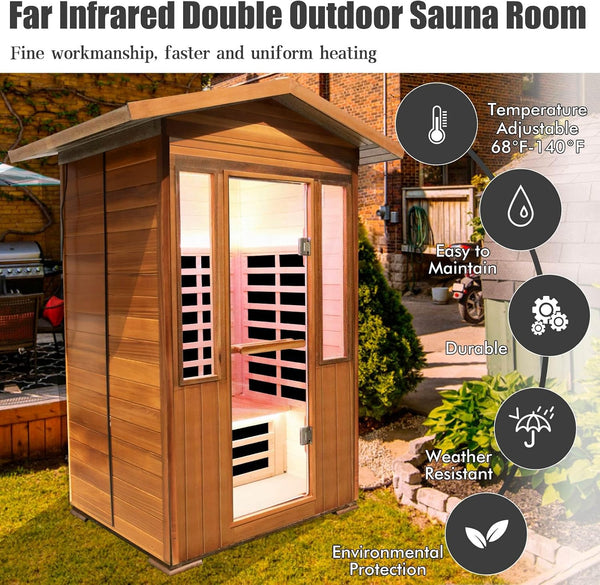 2 Person Outdoor Sauna Infrared Saunas Dry Sauna Room 1800W 120V | Red Cedar and Okoume Wood Wooden Sauna Spa APP Control 7 Color Light 48.8 * 37 * 87.4Inch